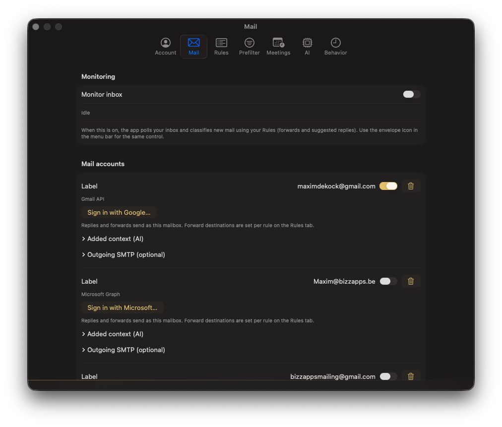 NeoMail mail accounts and sync settings.