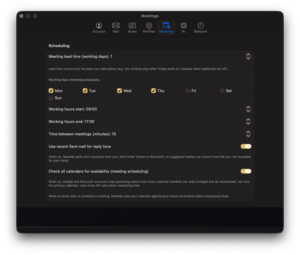 NeoMail meeting and calendar settings.