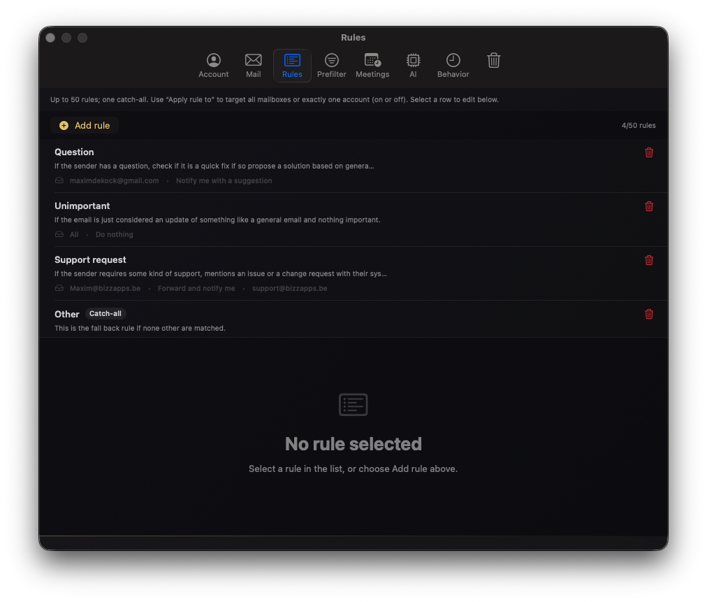 NeoMail rules list with criteria, actions, and catch-all.